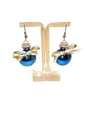 Christmas Ornament Earrings Blue Ball White Gold Bow